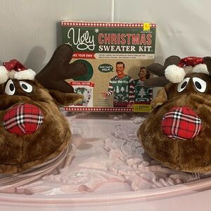 Ugly Christmas Sweater making kit L and Rudolph Reindeer Slippers Xl ,Unisex.